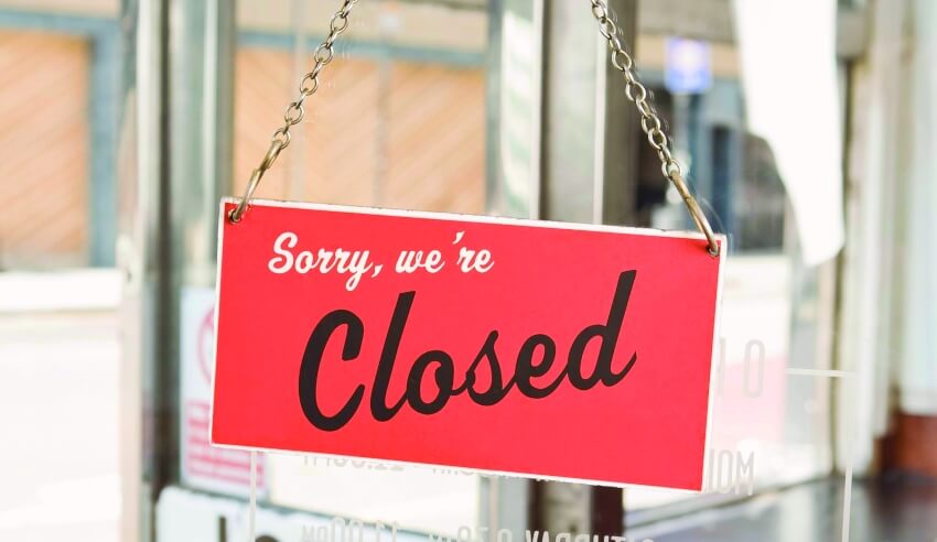 Closed, signage, shuts down