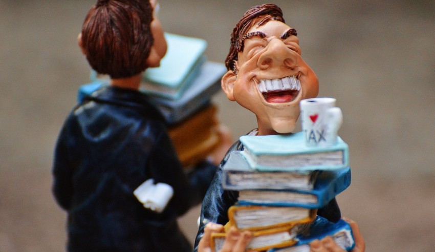 Laughing tax collector carrying files
